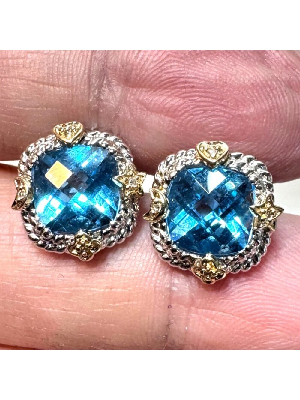 14K Two Tone Gold Topaz & Diamond Star Moon Flower Heart Stud Earrings